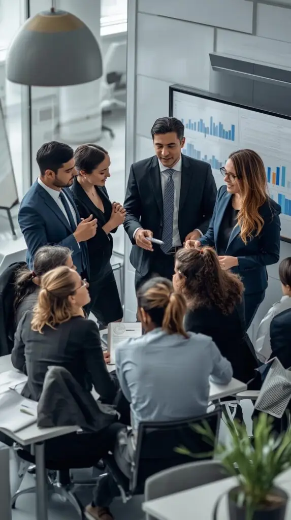 Investment professionals collaborating in a modern trading office