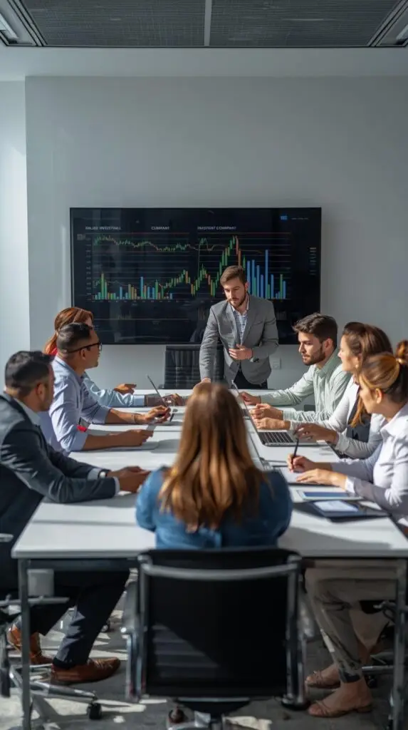 Investment education team analysing market data in the office